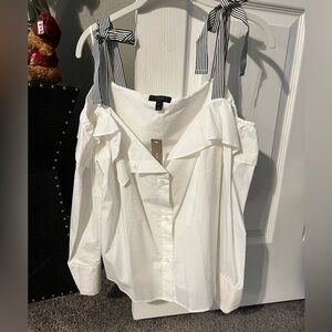 NWT! JCrew white button down ribbon tie at shoulders
